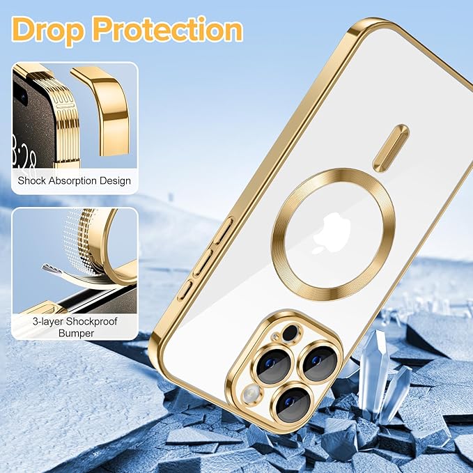 Hython Magnetic Clear for iPhone 15 Pro Case with Camera Lens Protector [Compatible with MagSafe] Luxury Plating Edge Slim Soft TPU Cover Protective Phone Case for iPhone 15 Pro 6.1", Gold