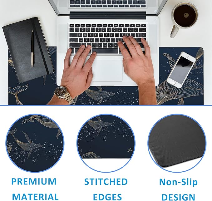 Whales in Gold Line Desk Mat,Large Gaming Mouse Pad,Non-Slip Rubber Base Desk Pad with Stitched Edges for Desk Office Home Decor 35.4X15.7 Inch