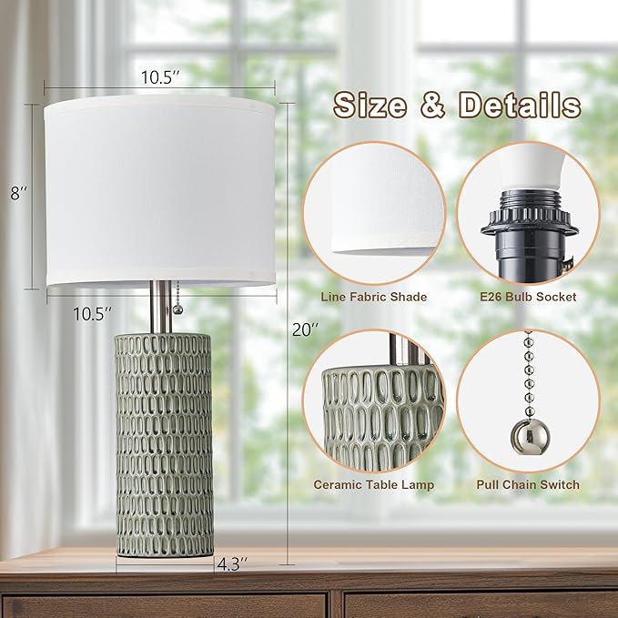 Reaketon Table Lamps for Living Room Set of 2, Ceramic Table Lamps for Bedroom, 20" Modern Lamps for Night Stands, Green