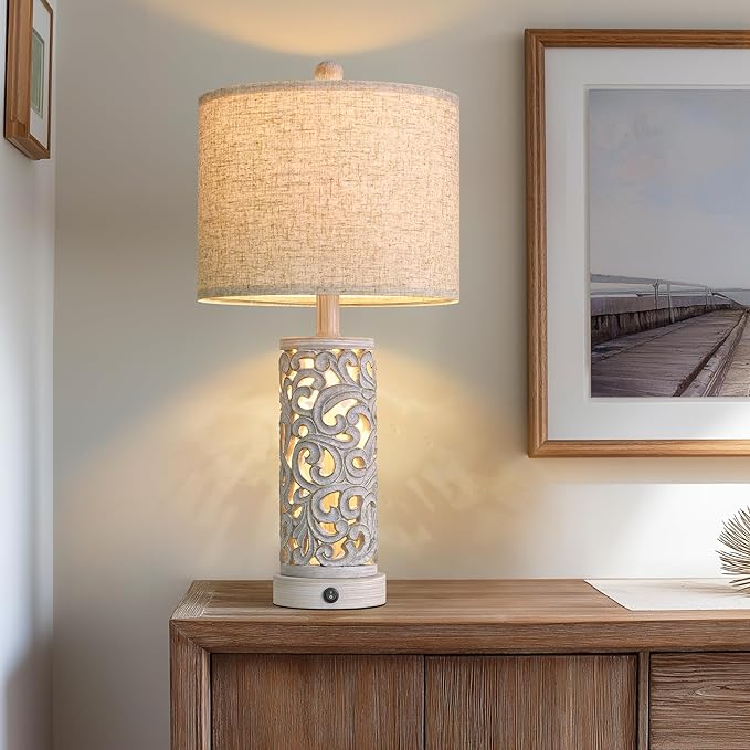 OYEARS 22'' Farmhouse Table Lamp for Living Room, Bedside Lamp with 2 USB Ports for Bedroom, Rustic Nightstand Lamp with Linen Lampshade for Office Hallway Home Decor, Distressed Grey (Bulb Included)