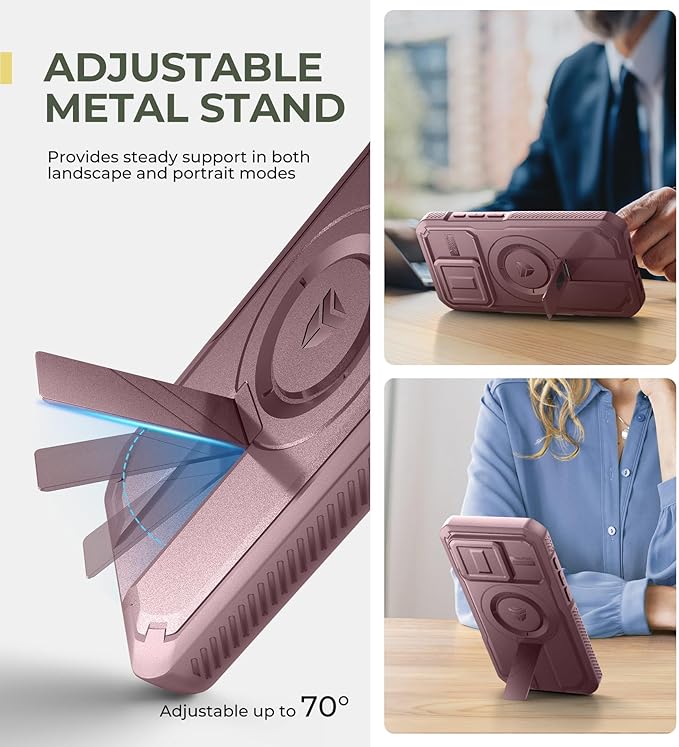 Dexnor for iPhone 15 Pro Case with Slide Camera Cover & Adjustable Kickstand & Built-in Screen Protector, Magnetic Rugged Shockproof Bumper Cases Heavy-Duty Magnetic Protective Cover,Peony Pink