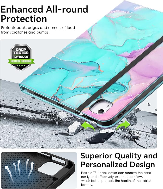 ZoneFoker Case for iPad Air 11-inch M3/M2 (2025/2024), iPad Air 5th/4th Generation 10.9'' (2022/2020), iPad Pro 11 (4th/3rd/2nd/1st Gen), Multi-Angle Stand Cover with Pencil Holder, Marble Teal Pink