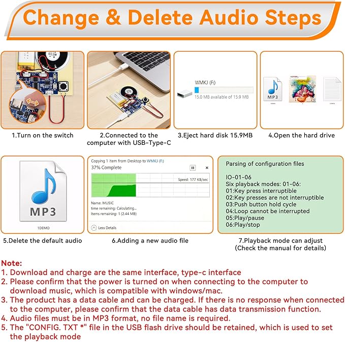 2PCS Sound Recorder Module DIY Music Voice Recording Module Chip with Speaker,Type-C Cable,Easy Recording Capability16 Minutes Music for Personalized Greetings, Holiday Crafts Cards with Manual