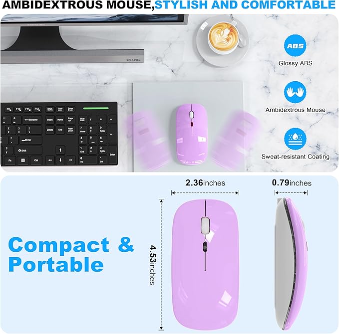 Bluetooth Wireless Mouse, Slim LED Rechargeable Silent Mouse with 2.4GHz USB-A/USB-C Receiver & Type-C Adapter, Compatible with Laptop, MacBook, iPad, iPad Pro,Mac,Tablet - Purple