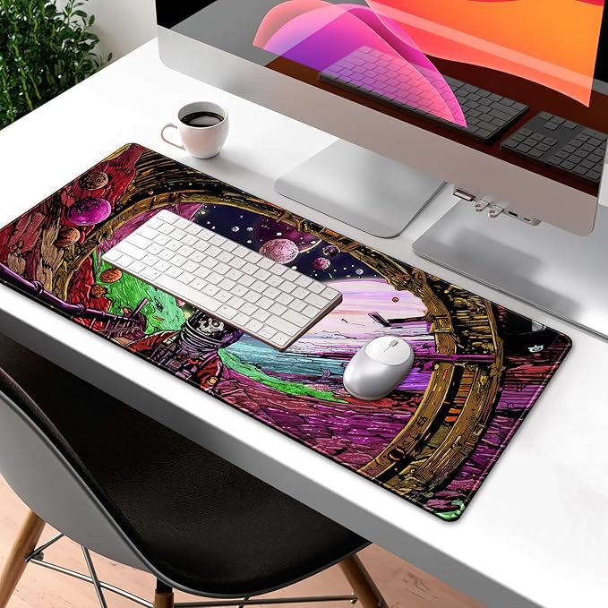 Strange Planet Desk Mat Space Scene Large Gaming Mouse Pad Extended Anime Vibrant Colors Desk Pad Futuristic Spaceship Mousepad XL Cosmic Adventure Skeleton Keyboard Mouse Mat 31.5"x11.8"