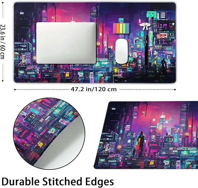 Retro Japanese Anime Gaming Mouse Pad Extended 3XL Cool Dark Purple Red Vaporwave City Large Desk Mat Big Mousepad Non-Slip Rubber Base Stitched Edge Long Desk Pad for Desktop Computer,47.2×23.6 in