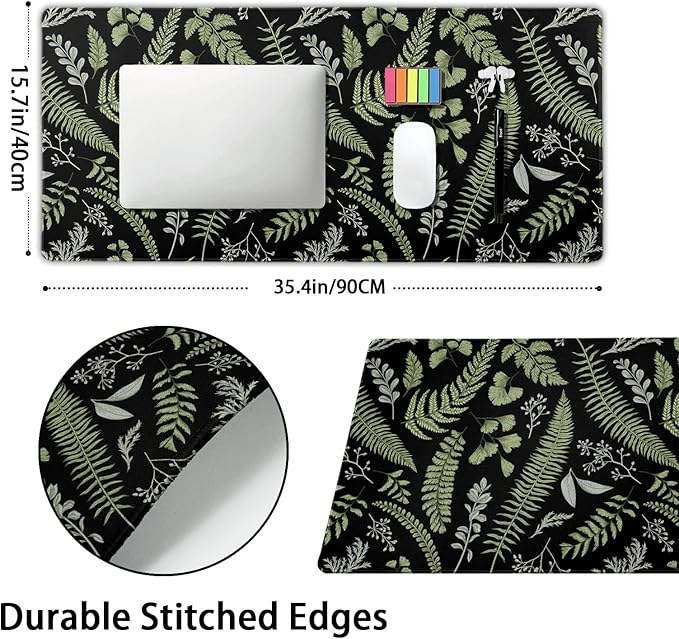 Black Green Plant Flowers Mouse Pad XXL Tropical Fern Botanical Leaves Extended Desk Mat 90X40cm Non-Slip Rubber Base Stitched Edge Large Mousepad for Gaming Laptop Computer Desktop 35.4×15.7 Inch