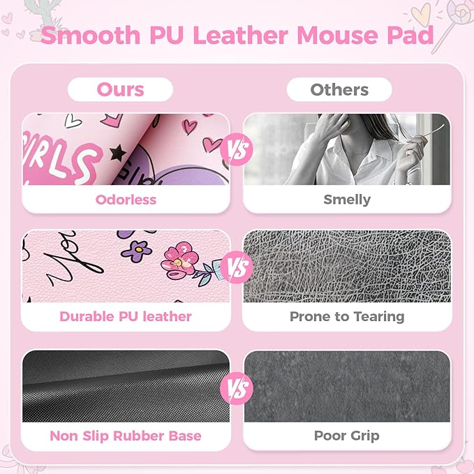 HAOCOO Kawaii Large Desk Mat for Girls, 35.4"x15.7" PU Leather Computer Pad, Waterproof Desk Protector Writing Pad, Cute Office Accessories for Women,Stitched Edges Keyboard Mat for Home