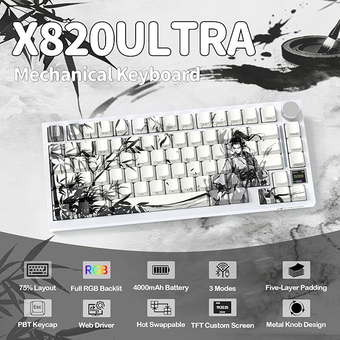 ATTACK SHARK X820 Ultra 75% Wireless Gaming Mechanical Keyboard Hot-Swappable Gasket Mount RGB Backlit BT/2.4G/Wired Custom Keyboard with Smart TFT Display&Knob QMK Driver-Ink Bamboo&Gift Switch