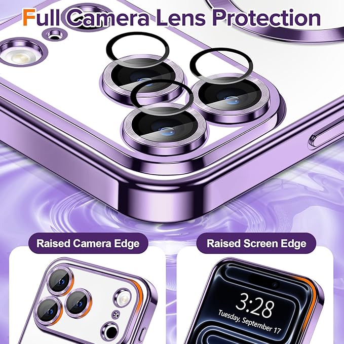 Hython Magnetic Clear for iPhone 17 Pro Max Case with Camera Lens Protector [Compatible with MagSafe] Plating Edge Slim Soft TPU Cover Protective Phone Case for iPhone 17 Pro Max 6.9", Deep Purple
