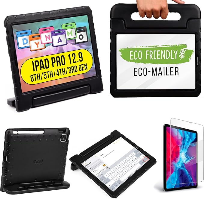 Cooper Dynamo iPad Pro 12.9 Case for Kids for iPad Pro 12.9 6th Generation Case (2022), Also Fits 5th-4th-3rd Gen (2021, 2020, 2018) | Rugged Foam, Magic Handle, Stand, Pencil Holder (Black)