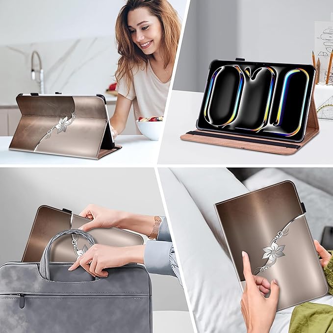Case for iPad Pro 11 inch Case (M5/M4) 2025/2024, Premium Leather Folio Stand Cover with Auto Wake/Sleep, Pencil Holder and Card Slots - Silver Flower