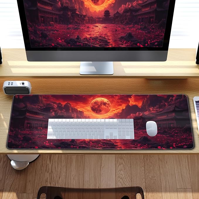 Mouse Pad Gaming Red Moon Desk Pad Mat Extra Large Mousepad (31.5x11.8 in), Home Office Decor Stitched Edges Smooth Surface Non-Slip Bottom