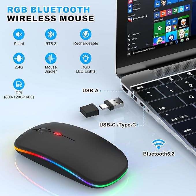Bluetooth Wireless Mouse for MacBook Air Mac Pro iPad ,LED Rechargeable Silent Mouse with 2.4GHz USB-A/USB-C Receiver & Mouse Jiggler, Compatible with Laptop MacBook IPad Mac Tablet PC- Matte Black