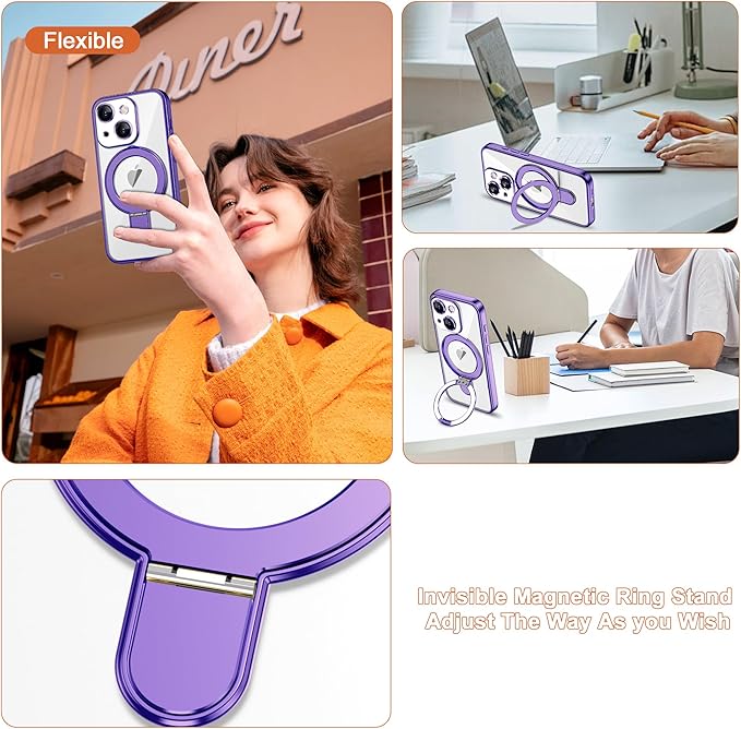Compatible with iPhone 15 Plus Case with Invisible Magnetic Ring Stand [Compatible with Mag-Safe] [Full Camera Lens Protector] Plating Clear Phone Case for iPhone 15 Plus 6.7", Purple