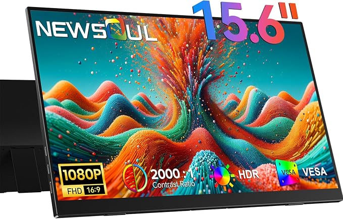Newsoul Portable Monitor 15.6'' Ultra-Slim Travel Monitor 108%sRGB | 2000:1 Contrast USB C Mini HDMI Plug & Play IPS Monitor Built-in Stand | Speakers External Screen for Laptop Phone Game Console PC