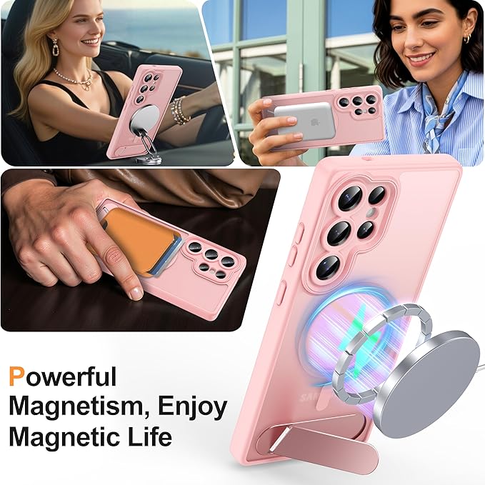 Magnetic for Samsung Galaxy S25 Ultra Case, [Compatible with MagSafe][Full Camera Protection][Built-in Invisible Kickstand] Translucent Matte Phone Case for S25 Ultra 6.9" - Pink