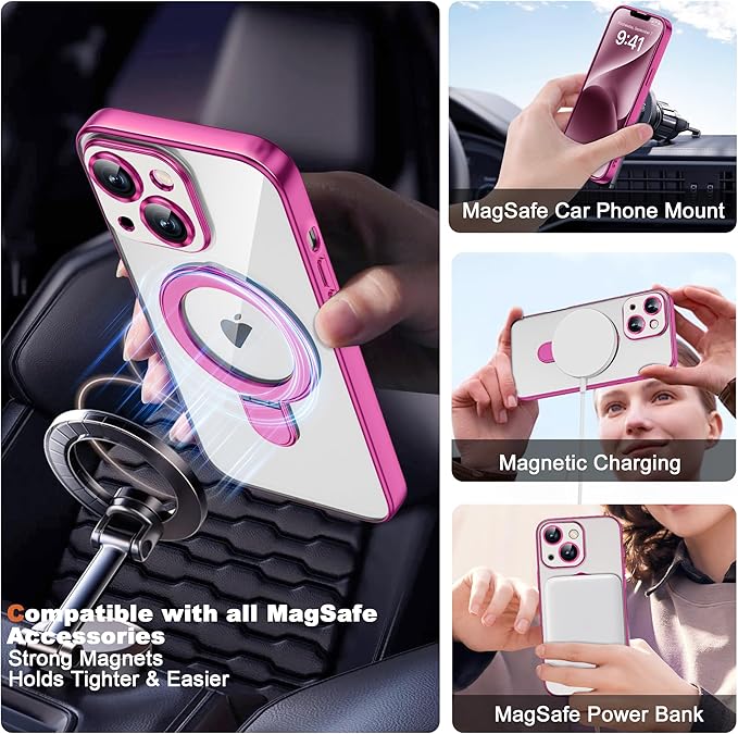 Compatible with iPhone 14 Case with Magnetic Ring Stand [Compatible with Mag-Safe] [Full Camera Lens Protector] Soft Plating Clear Phone Case for iPhone 14 6.1", Rose