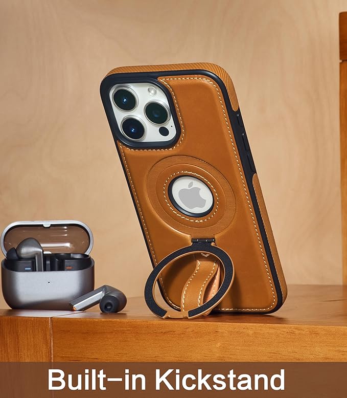 Butaiga for iPhone 14 Pro Max Leather Case with Stand, Anti-Slip Grip Ring, Fits for MagSafe (Brown, iPhone 14 Pro Max)