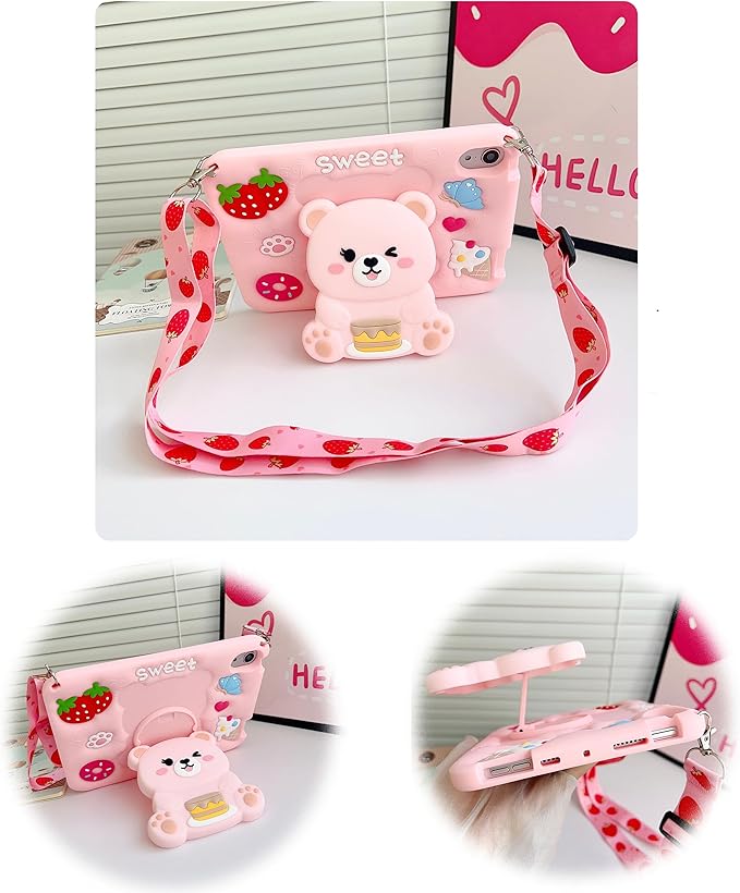for iPad mini 6/7 Case for Girls- 8.3 inch iPad mini 7th Generation A17 pro Soft Silicone Cover with Pencil Holder,Shoulder Strap & Stand for School,Cute Bear Strawberry Gift for Teen Kids