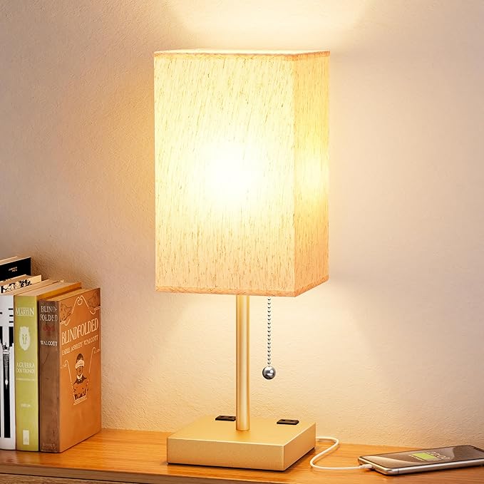 aooshine Medium Table Lamp with USB Ports - 3 Color Temperature Bedside Lamp for Bedroom, Pull Chain Control, USB A and C Ports, 2 AC Outlets, Bulb Included