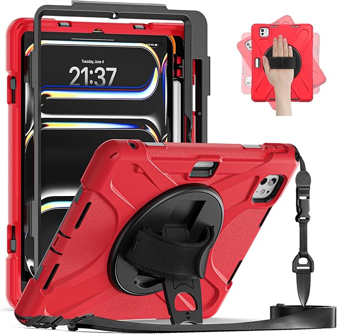 Batianda Case for iPad Pro 13-inch 2025 M5 2024 M4 Chip Heavy Duty Rugged Durability Silicone Tablet Cover with 360° Rotating Hand Strap Foldable Hidden Stand & Shoulder Strap, Red