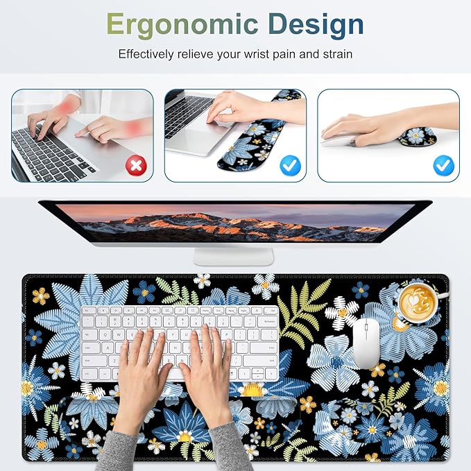 Large Gaming Mouse Pad Set, 4 in1 Ergonomics Keyboard Desk Mat with Memory Foam Wrist Rest, Computer PC Extended Game Mousepad, Non-Slip Desk Pad Matt Easy Typing Pain Relief I Forget-me-not