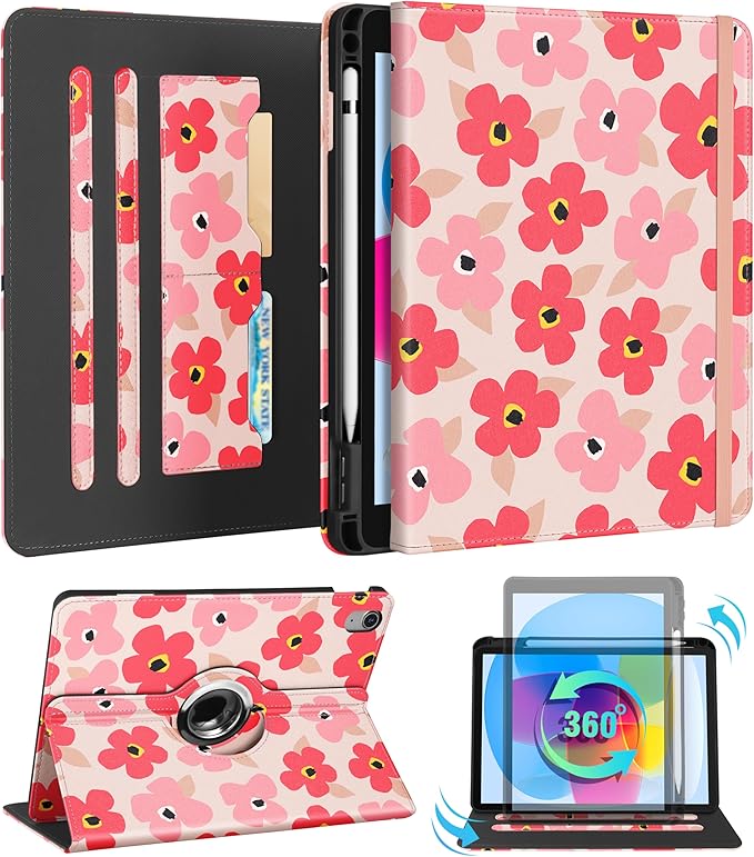 Kidcube for iPad 10th Generation Case 2022, for iPad (A16) Case 11th Generation 2025 - Women Girl Cute Rotating Stand Folio Cover with Pencil Holder & Card Slot Girly Kawaii Floral Flower Design Cases