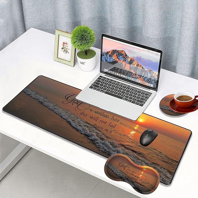 3 Piece Mouse Pad Set with Stitched Edge Large Anti-Slip Mouse Pad Desk Pad Keyboard Pad + Wrist Rest Pad + Coaster, Memory Foam Wrist Rest for Office/Home, Dusk Beach Quotes Psalm46:5