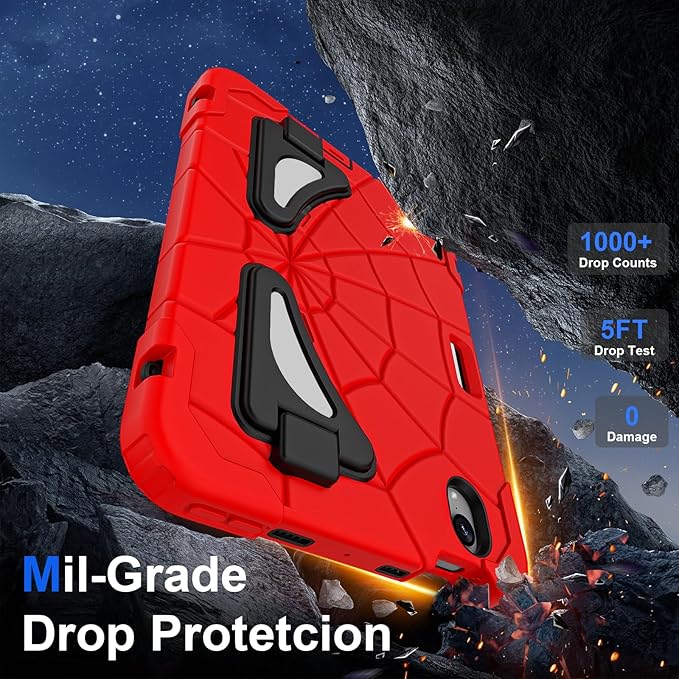 Case for iPad Mini 7 (A17 Pro) 2024/Mini 6 8.3'' with Shoulder Strap Stand, Heavy Duty Rugged Shockproof Drop-Proof Cute Protective Cover for Kids iPad Mini 7th/6th Generation 8.3", Red Black