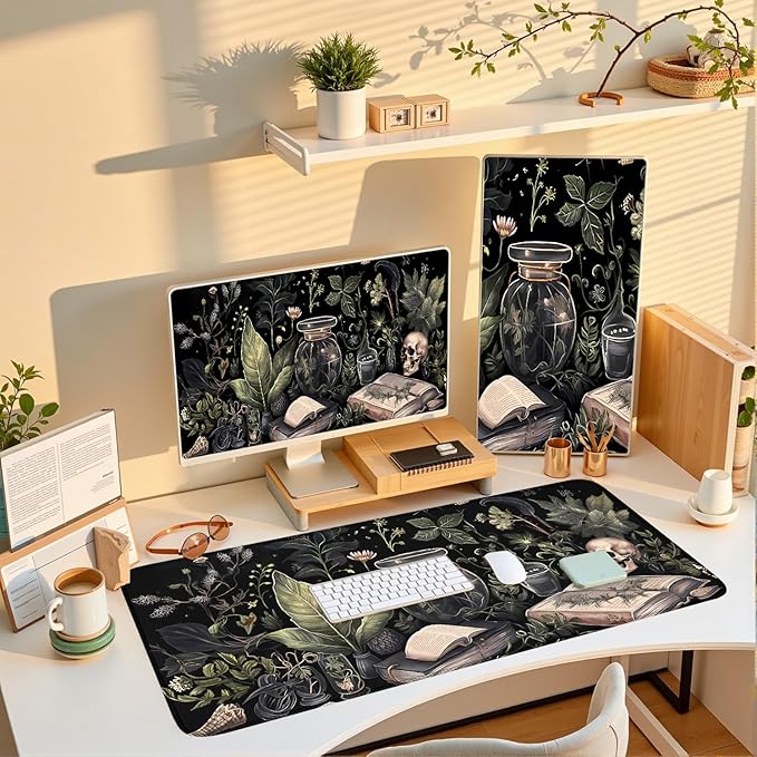 Dark Academia Desk Mat Mouse Pad XXL Extended Large Gaming Desk Pad Mousepad, Mystical Green Plant Computer Laptop Keyboard and Mouse Mat, Desktop Decor for Women Girl Office 31.5x15.7 in