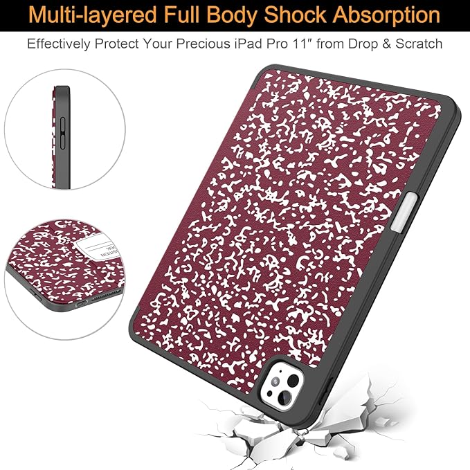 Soke Case for New iPad Pro 11 Inch (M5/M4) 5th Generation 2024-2025 with Pencil Holder - [Shockproof + Apple Pencil Charging + Auto Wake/Sleep], Soft TPU Back Cover for iPad Pro 11", Book Wine