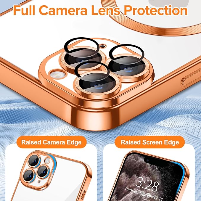 Hython Magnetic Clear for iPhone 11 Pro Case with Camera Lens Protector [Compatible with MagSafe] Luxury Plating Edge Slim Soft TPU Cover Protective Phone Case for iPhone 11 Pro 5.8", Orange