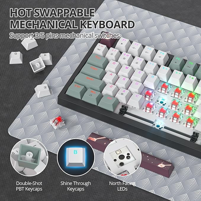 75% Green Mechanical Gaming Keyboard, Hot Swappable RGB Custom Keyboard with Knob, Gasket Mount Wired TKL Red Switch Keyboard 75 Percent, Creamy Mechanical Keyboard (82 Green White)