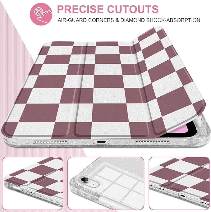 DONGKE for iPad Pro 11 inch Case – Fits M5 2025 / M4 2024, Shockproof Sparkling Glitter Acrylic Back, Pencil Holder, Trifold Stand, Auto Sleep/Wake & Touch ID Support - Brown Checkerboard