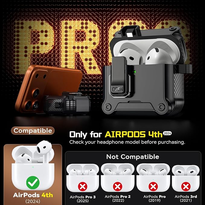 Inesore Compatible with AirPods 4 Generation Case,Secure Lock & Phone Stand Design,Compatible with MagSafe,Automatic Snap Switch Secure Cover for New AirPods 4th (2024)-Black