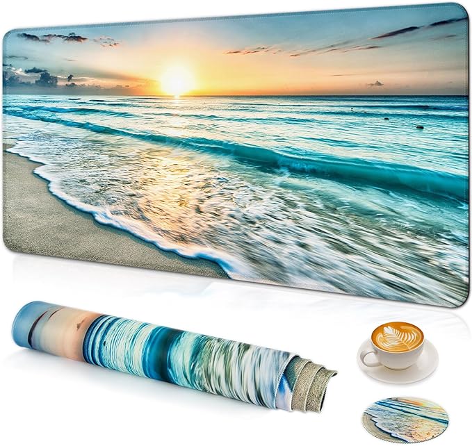 Large Gaming Mouse Pad with Coaster, Desk Matt for Desktop, Desk Pad, Mouse Pads Mat, Stitched Edges Big Extended Mousepad for Computer Keyboard Laptop Office Decor, 31.5'' x15.6''-Beach