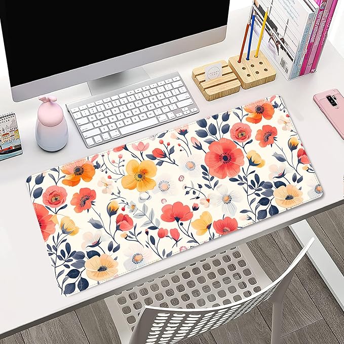 ProbTis Cute Flower Mouse Pad, Large Floral Desk Mat, XXL Gaming Keyboard Mat, Stitched Edges Rubber Base, Big Extended Desk Protector for Home Office, 35.4”x15.7” (Village Road Flower)