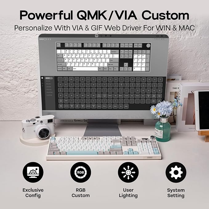EPOMAKER QK108 Full Size Mechanical Keyboard with Screen & Knob, 8000mAh, QMK/VIA, Creamy&Thocky, Gasket, RGB Backlit, Mac Keycap, Wireless Gaming Keyboard (White Cyan, Sea Salt Silent)