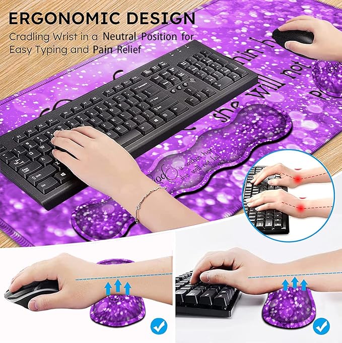 Gaming Mouse Pad XXL Large Desk Mat, Psalm 465 Bible Purple Extended Non-Slip Rubber Mice Pads Stitched Edges(31.5x11.8 in),Ergonomic Premium Memory Foam Keyboard Wrist Rest and Black Mouse Pad Set