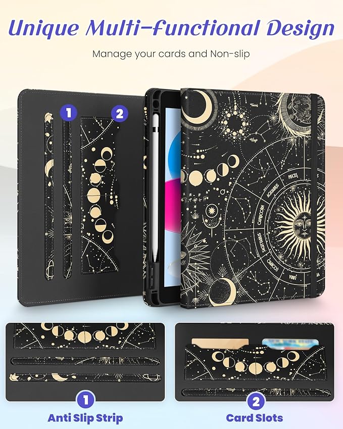Kidcube for iPad 10th Generation Case 2022, for iPad (A16) Case 11th Generation 2025 - Women Girls Cute Rotating Stand Folio Cover with Pencil Holder & Card Slot Girly Sun Moon Star Design Teens Cases