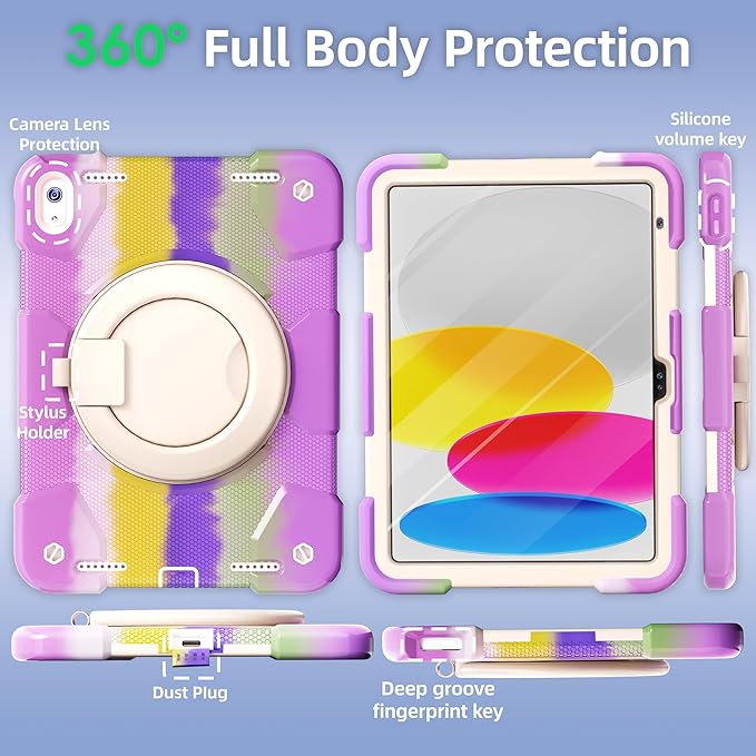 Andnary Case for iPad (A16) 11th Generation 11 inch 2025/10th Generation 10.9 inch 2022, Shockproof Cover with Screen Protector/360° Rotate Handle/Bracket/Pen Holder/Shoulder Strap (Colorful Purple)
