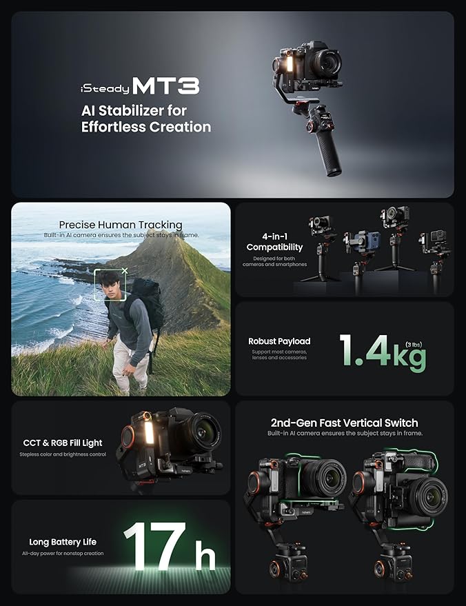 hohem iSteady MT3 3-Axis Gimbal Stabilizer for Mirrorless/Pocket/Action Cameras/Smartphone, Built-in AI Tracker with Fill Light, OLED Display, Camera Gimbal for Canon/Sony/Nikon/Fujifilm/GoPro
