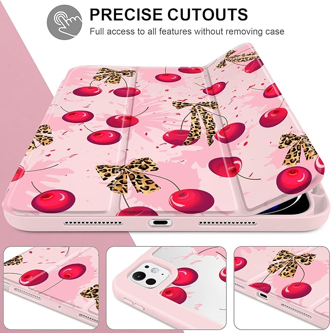 Case for iPad Pro 13 Inch (M5 2025 M4 2024) – [Built-in Pencil Holder], Shockproof & Stylish, Clear Hard Back + Soft TPU Edge, Magnetic Trifold Stand, Auto Wake/Sleep, Cherry & Leopard