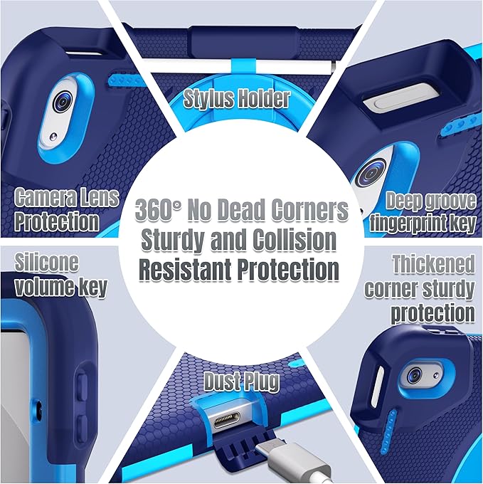 Andnary Case for iPad (A16) 11th /10th Generation 11/10.9 Inch 2025/2022 with Screen Protector/360° Rotate Stand/Shoulder Strap/Pencil Holder, Shockproof iPad 11th/10th Gen Cover (Navy+Blue)