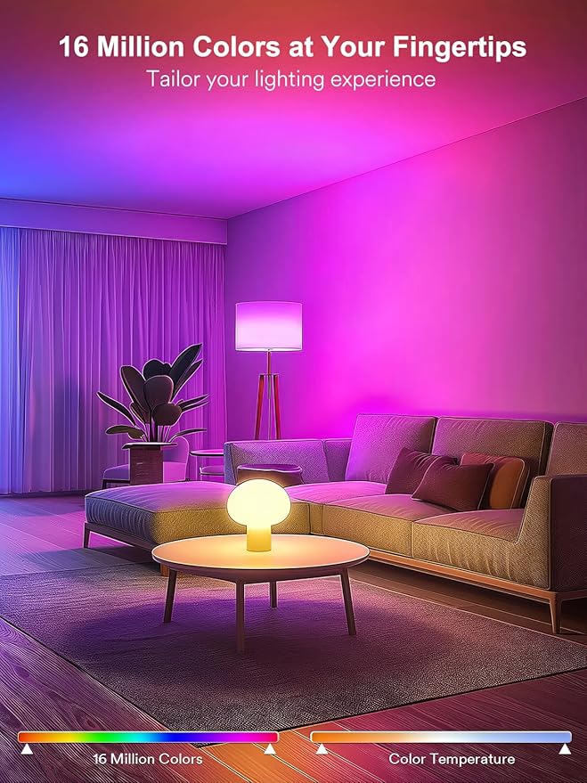ANGELHALO Smart Light Bulbs, Color Changing A19 LED Light Bulb, Work with Alexa and Google Assistant, Wi-Fi & Bluetooth Light Bulbs, 16 Million Colors RGBCW, Music Sync, 800 Lumens, 2.4Ghz only,1 Pack