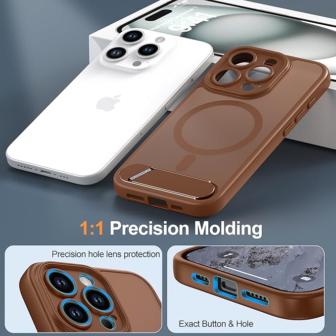 Magnetic Compatible with iPhone 15 Pro Case, [Built-in Kickstand][Full Camera Protection][Compatible with MagSafe][Anti-Fingerprint] Shockproof Phone Case for iPhone 15 Pro 6.1",Brown