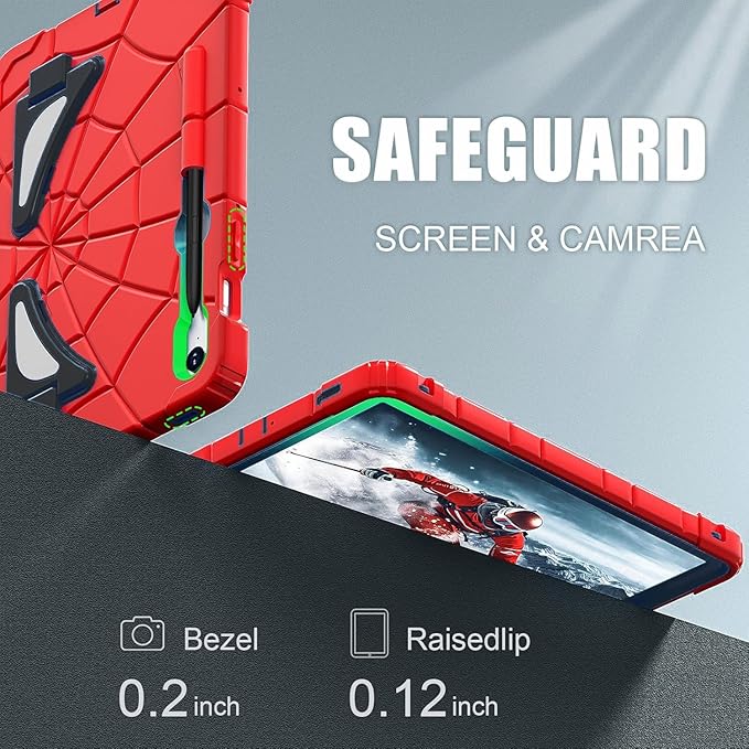 for Samsung Galaxy Tab S10 Lite 5G/ S10 FE/ S9 FE/ S9/ S8/ S7 Case (10.9''/11''), Shockproof Drop Protective Cute Cover for Kids Boys w/Pencil Holder Stand Carrying Shoulder Strap, Red Black