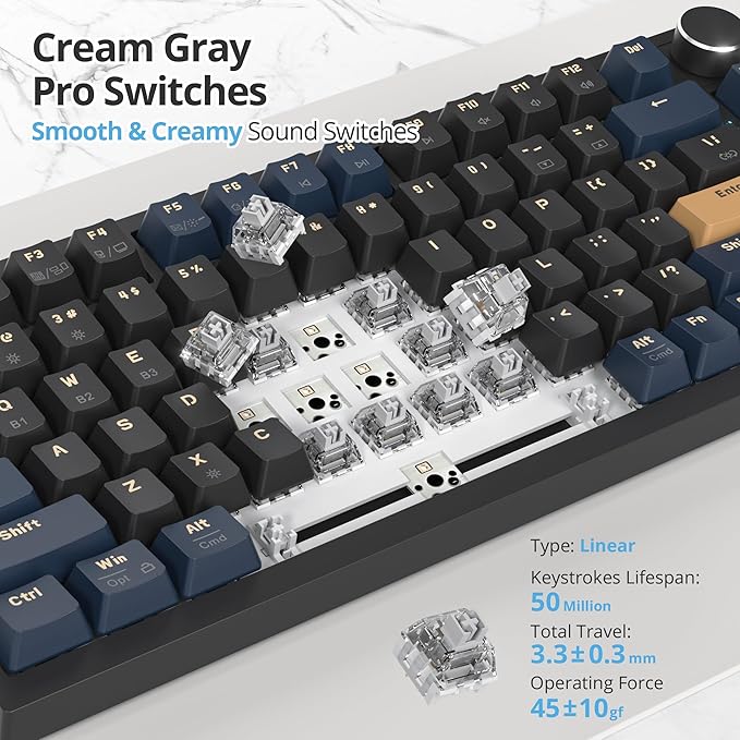 400PRO 75% Wireless Black Blue Gaming Keyboard, Gasket Hot Swappable RGB Mechanical Keyboard, Bluetooth/2.4GHz/USB-C Thocky Keyboard with Pre-lubed Cream Grey Switches (82 Black Blue-B)