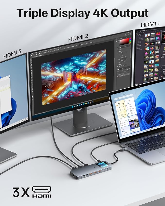 USB C Docking Station 3 HDMI, Selore 13-in-1 Laptop Docking Station with Triple 4K HDMI, Smart Display, 2.5G Ethernet, 100W PD, 10Gbps USB A/C 3.1, SD/microSD Card Reader for Dell/HP/Lenovo Laptops